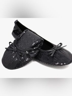 Black Sequin Ballet Flats with Bow